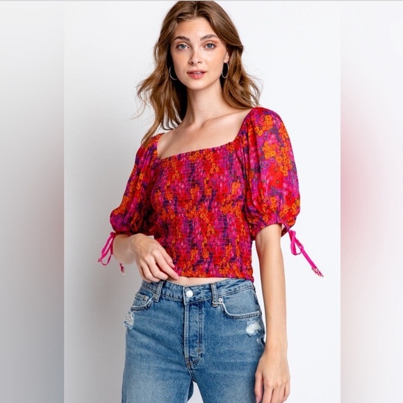 NWOT Free People Smocked Floral Crop Top Hot Pink Multi size XS - Picture 1 of 5